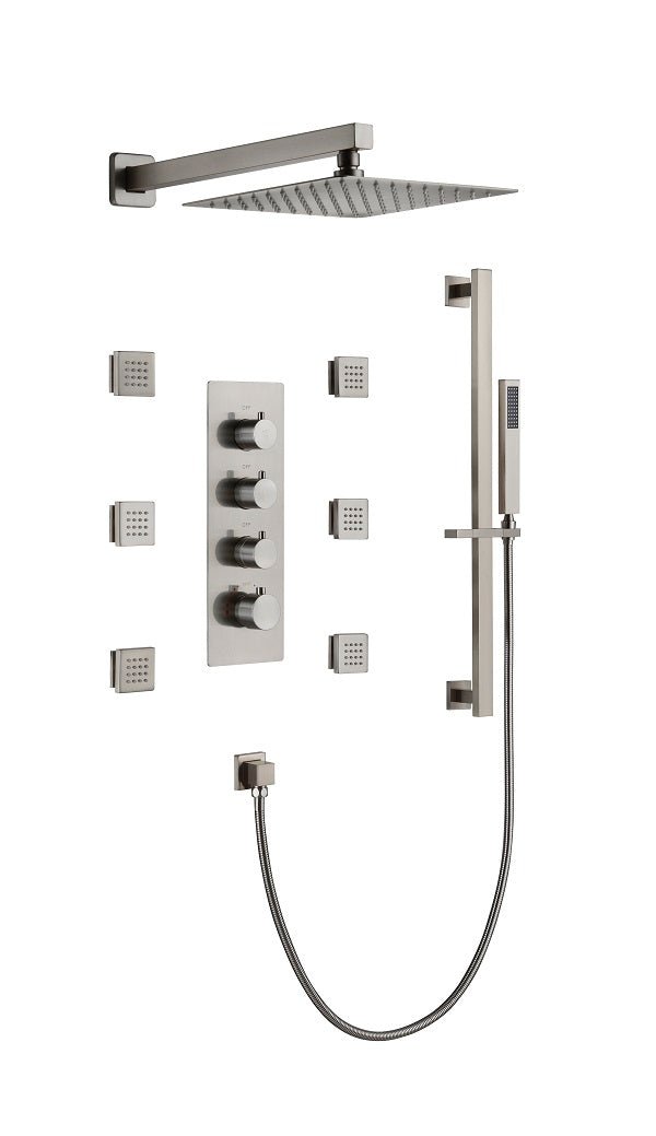 Cascada Luxury 12” Rainfall Shower set (Wall Mounted) with 4 knob thermostatic Valves & 3 functions (Rainfall, Body jets & Hand Shower) shower head with handheld Cascada shower set system black matte flexible brass set fixtures nickel square rain systems brushed showerhead bathroom top rated heads luxury full body jets thermostatic mixer rainfall sprayer spray hose gold wall mounted