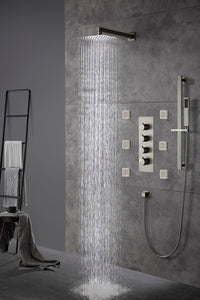 Cascada Luxury 12” Rainfall Shower set (Wall Mounted) with 4 knob thermostatic Valves & 3 functions (Rainfall, Body jets & Hand Shower) shower head with handheld Cascada shower set system black matte flexible brass set fixtures nickel square rain systems brushed showerhead bathroom top rated heads luxury full body jets thermostatic mixer rainfall sprayer spray hose gold wall mounted