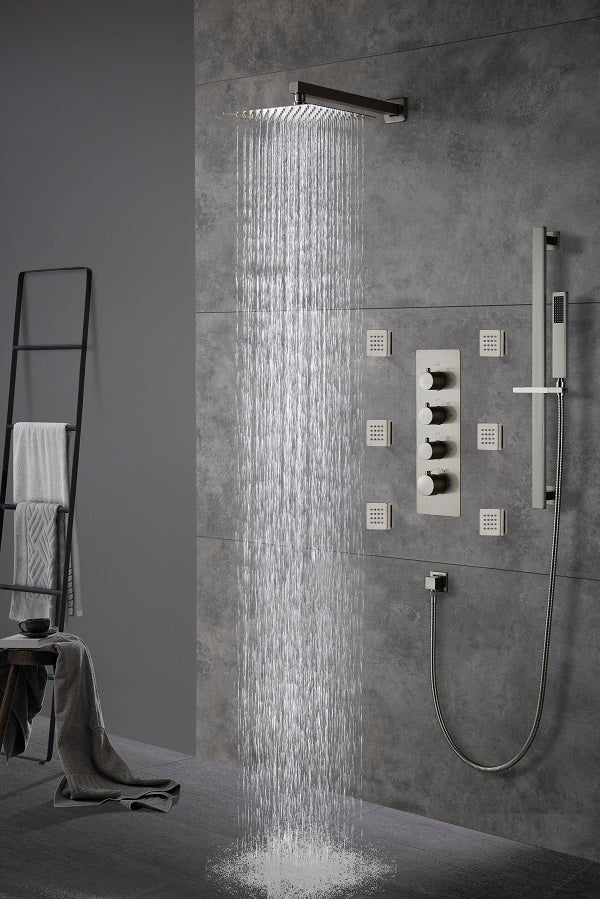 Cascada Luxury 12” Rainfall Shower set (Wall Mounted) with 4 knob thermostatic Valves & 3 functions (Rainfall, Body jets & Hand Shower) shower head with handheld Cascada shower set system black matte flexible brass set fixtures nickel square rain systems brushed showerhead bathroom top rated heads luxury full body jets thermostatic mixer rainfall sprayer spray hose gold wall mounted