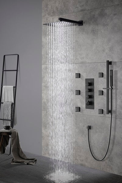 Cascada Luxury 12” Rainfall Shower set (Wall Mounted) with 4 knob thermostatic Valves & 3 functions (Rainfall, Body jets & Hand Shower) shower head with handheld Cascada shower set system black matte flexible brass set fixtures nickel square rain systems brushed showerhead bathroom top rated heads luxury full body jets thermostatic mixer rainfall sprayer spray hose gold wall mounted