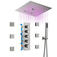 Cascada Luxury 12" Music LED shower system with built-in Bluetooth Speakers, 4 functions (Rainfall, Mist Outlet, Body jets & HandShower) & Remote Control 64 Color Lights cascada system LED bluetooth shower head speaker hot cold music rain rainfall musical lights showerhead body spray jet waterfall misty ceiling mounted handheld high pressure multicolor holder thermostatic chrome oil rubbed bronze mixer remote control