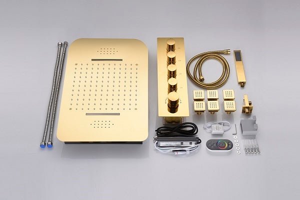 cascada_luxury_15x23_led_shower_system_with_built_in_bluetooth_speakers_4_functions_rainfall_waterfall_body_jets_and_handheld_and_remote_controller_for_led_color_changing shower heads handheld Cascada set system black matte brass nickel rectangular rain showerhead bathroom full body jets thermostatic mixer rainfall gold LEDs Bluetooth speakers hot cold music lights waterfall ceiling chrome oil rubbed bronze remote app