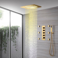 cascada_luxury_15x23_led_shower_system_with_built_in_bluetooth_speakers_4_functions_rainfall_waterfall_body_jets_and_handheld_and_remote_controller_for_led_color_changing shower heads handheld Cascada set system black matte brass nickel rectangular rain showerhead bathroom full body jets thermostatic mixer rainfall gold LEDs Bluetooth speakers hot cold music lights waterfall ceiling chrome oil rubbed bronze remote app