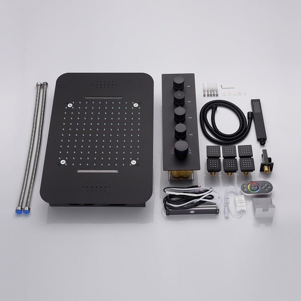 cascada_luxury_15x23_led_shower_system_with_built_in_bluetooth_speakers_4_functions_rainfall_waterfall_body_jets_and_handheld_and_remote_controller_for_led_color_changing shower heads handheld Cascada set system black matte brass nickel rectangular rain showerhead bathroom full body jets thermostatic mixer rainfall gold LEDs Bluetooth speakers hot cold music lights waterfall ceiling chrome oil rubbed bronze remote app