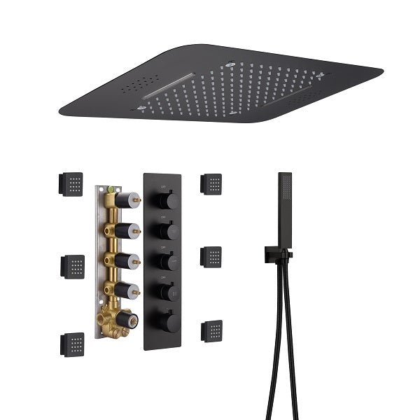 cascada_luxury_15x23_led_shower_system_with_built_in_bluetooth_speakers_4_functions_rainfall_waterfall_body_jets_and_handheld_and_remote_controller_for_led_color_changing shower heads handheld Cascada set system black matte brass nickel rectangular rain showerhead bathroom full body jets thermostatic mixer rainfall gold LEDs Bluetooth speakers hot cold music lights waterfall ceiling chrome oil rubbed bronze remote app