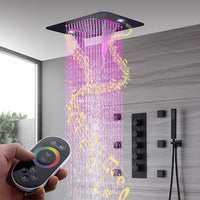 cascada_luxury_15x23_led_shower_system_with_built_in_bluetooth_speakers_4_functions_rainfall_waterfall_body_jets_and_handheld_and_remote_controller_for_led_color_changing shower heads handheld Cascada set system black matte brass nickel rectangular rain showerhead bathroom full body jets thermostatic mixer rainfall gold LEDs Bluetooth speakers hot cold music lights waterfall ceiling chrome oil rubbed bronze remote app