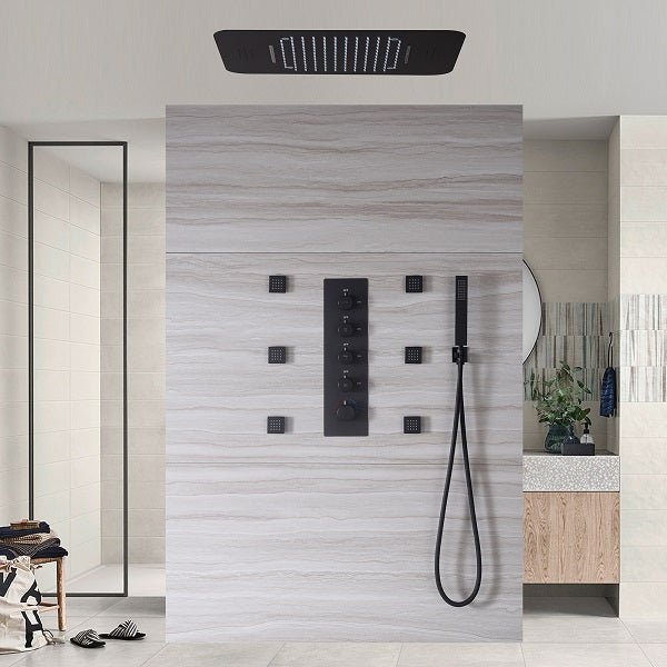 cascada_luxury_15x23_led_shower_system_with_built_in_bluetooth_speakers_4_functions_rainfall_waterfall_body_jets_and_handheld_and_remote_controller_for_led_color_changing shower heads handheld Cascada set system black matte brass nickel rectangular rain showerhead bathroom full body jets thermostatic mixer rainfall gold LEDs Bluetooth speakers hot cold music lights waterfall ceiling chrome oil rubbed bronze remote app