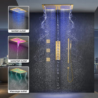 Cascada 16”x28” Music LED shower system with built-in Bluetooth Speakers, 5 functions (Rain, Waterfall, Mist Outlet, Body Jet & HandShower) & Remote Control 64 Color Lights (Polished Gold) cascada system LED bluetooth shower head speaker hot cold music rain rainfall musical lights showerhead body spray jet waterfall misty ceiling mounted handheld high pressure multicolor holder thermostatic chrome oil rubbed bronze mixer remote control