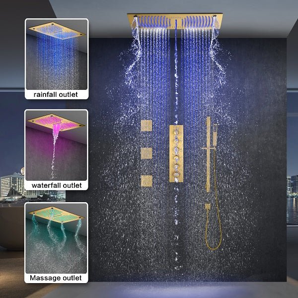 Cascada 16”x28” Music LED shower system with built-in Bluetooth Speakers, 5 functions (Rain, Waterfall, Mist Outlet, Body Jet & HandShower) & Remote Control 64 Color Lights (Polished Gold) cascada system LED bluetooth shower head speaker hot cold music rain rainfall musical lights showerhead body spray jet waterfall misty ceiling mounted handheld high pressure multicolor holder thermostatic chrome oil rubbed bronze mixer remote control