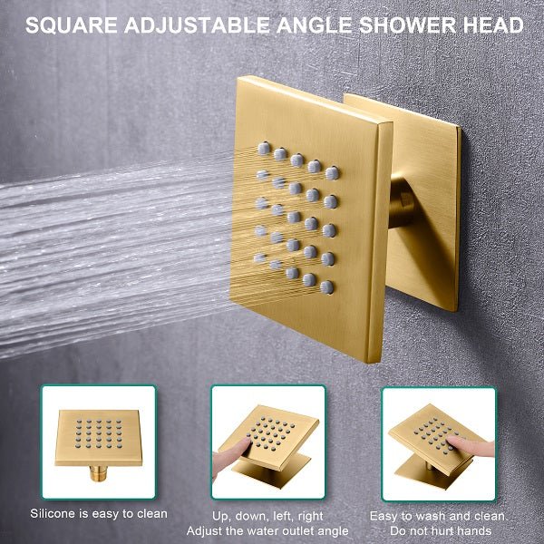 Cascada 16”x28” Music LED shower system with built-in Bluetooth Speakers, 5 functions (Rain, Waterfall, Mist Outlet, Body Jet & HandShower) & Remote Control 64 Color Lights (Polished Gold) cascada system LED bluetooth shower head speaker hot cold music rain rainfall musical lights showerhead body spray jet waterfall misty ceiling mounted handheld high pressure multicolor holder thermostatic chrome oil rubbed bronze mixer remote control