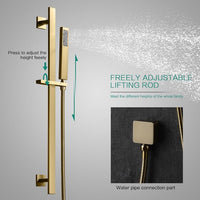 Cascada 16”x28” Music LED shower system with built-in Bluetooth Speakers, 5 functions (Rain, Waterfall, Mist Outlet, Body Jet & HandShower) & Remote Control 64 Color Lights (Polished Gold) cascada system LED bluetooth shower head speaker hot cold music rain rainfall musical lights showerhead body spray jet waterfall misty ceiling mounted handheld high pressure multicolor holder thermostatic chrome oil rubbed bronze mixer remote control