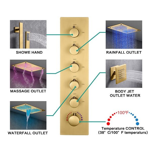 Cascada 16”x28” Music LED shower system with built-in Bluetooth Speakers, 5 functions (Rain, Waterfall, Mist Outlet, Body Jet & HandShower) & Remote Control 64 Color Lights (Polished Gold) cascada system LED bluetooth shower head speaker hot cold music rain rainfall musical lights showerhead body spray jet waterfall misty ceiling mounted handheld high pressure multicolor holder thermostatic chrome oil rubbed bronze mixer remote control