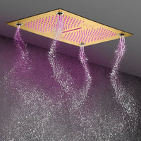 Cascada 16”x28” Music LED shower system with built-in Bluetooth Speakers, 5 functions (Rain, Waterfall, Mist Outlet, Body Jet & HandShower) & Remote Control 64 Color Lights (Polished Gold) cascada system LED bluetooth shower head speaker hot cold music rain rainfall musical lights showerhead body spray jet waterfall misty ceiling mounted handheld high pressure multicolor holder thermostatic chrome oil rubbed bronze mixer remote control