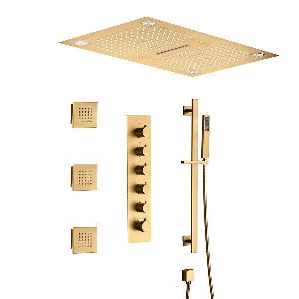 Cascada 16”x28” Music LED shower system with built-in Bluetooth Speakers, 5 functions (Rain, Waterfall, Mist Outlet, Body Jet & HandShower) & Remote Control 64 Color Lights (Polished Gold) cascada system LED bluetooth shower head speaker hot cold music rain rainfall musical lights showerhead body spray jet waterfall misty ceiling mounted handheld high pressure multicolor holder thermostatic chrome oil rubbed bronze mixer remote control