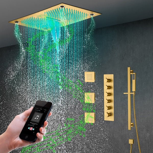 Cascada 16”x28” Music LED shower system with built-in Bluetooth Speakers, 5 functions (Rain, Waterfall, Mist Outlet, Body Jet & HandShower) & Remote Control 64 Color Lights (Polished Gold) cascada system LED bluetooth shower head speaker hot cold music rain rainfall musical lights showerhead body spray jet waterfall misty ceiling mounted handheld high pressure multicolor holder thermostatic chrome oil rubbed bronze mixer remote control
