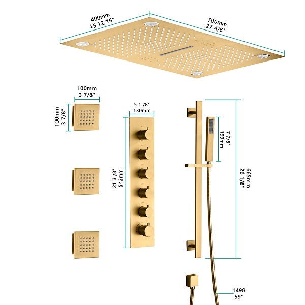 Cascada 16”x28” Music LED shower system with built-in Bluetooth Speakers, 5 functions (Rain, Waterfall, Mist Outlet, Body Jet & HandShower) & Remote Control 64 Color Lights (Polished Gold) cascada system LED bluetooth shower head speaker hot cold music rain rainfall musical lights showerhead body spray jet waterfall misty ceiling mounted handheld high pressure multicolor holder thermostatic chrome oil rubbed bronze mixer remote control