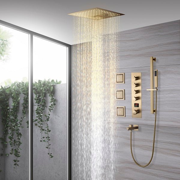 Cascada Luxury 16” Music LED Shower System with Digital Display Valves, 4 Functions (Rainfall, Waterfall, Body jets & Handheld) & Remote App for LED Color Changing shower head with handheld Cascada set system black matte brass nickel square rain showerhead bathroom head full body thermostatic mixer rainfall gold LED Bluetooth speaker hot cold music light jet waterfall ceiling chrome oil rubbed bronze remote app