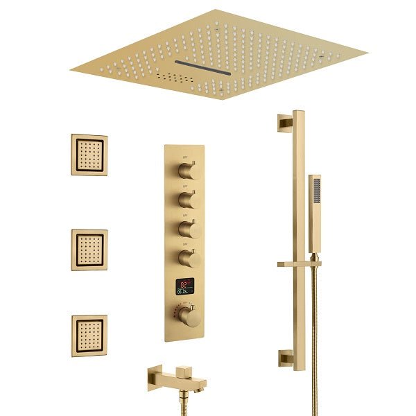 Cascada Luxury 16” Music LED Shower System with Digital Display Valves, 4 Functions (Rainfall, Waterfall, Body jets & Handheld) & Remote App for LED Color Changing shower head with handheld Cascada set system black matte brass nickel square rain showerhead bathroom head full body thermostatic mixer rainfall gold LED Bluetooth speaker hot cold music light jet waterfall ceiling chrome oil rubbed bronze remote app
