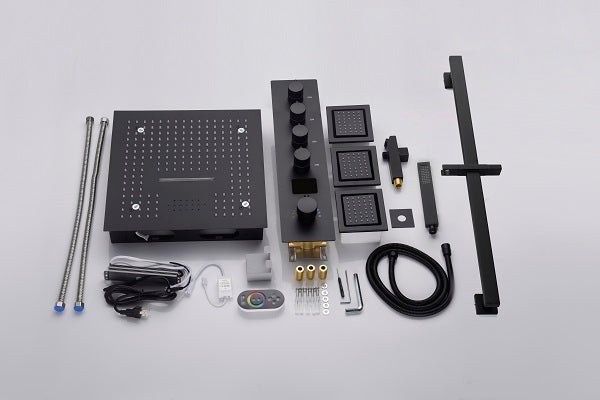 Cascada Luxury 16” Music LED Shower System with Digital Display Valves, 4 Functions (Rainfall, Waterfall, Body jets & Handheld) & Remote App for LED Color Changing shower head with handheld Cascada set system black matte brass nickel square rain showerhead bathroom head full body thermostatic mixer rainfall gold LED Bluetooth speaker hot cold music light jet waterfall ceiling chrome oil rubbed bronze remote app