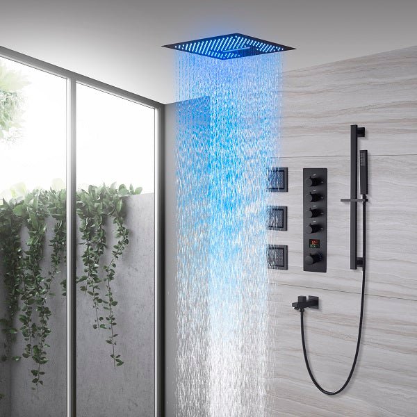 Cascada Luxury 16” Music LED Shower System with Digital Display Valves, 4 Functions (Rainfall, Waterfall, Body jets & Handheld) & Remote App for LED Color Changing shower head with handheld Cascada set system black matte brass nickel square rain showerhead bathroom head full body thermostatic mixer rainfall gold LED Bluetooth speaker hot cold music light jet waterfall ceiling chrome oil rubbed bronze remote app