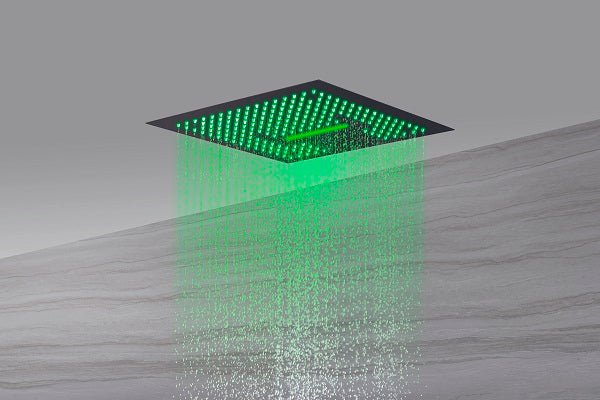 Cascada Luxury 16” Music LED Shower System with Digital Display Valves, 4 Functions (Rainfall, Waterfall, Body jets & Handheld) & Remote App for LED Color Changing shower head with handheld Cascada set system black matte brass nickel square rain showerhead bathroom head full body thermostatic mixer rainfall gold LED Bluetooth speaker hot cold music light jet waterfall ceiling chrome oil rubbed bronze remote app