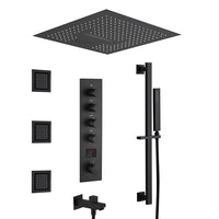 Cascada Luxury 16” Music LED Shower System with Digital Display Valves, 4 Functions (Rainfall, Waterfall, Body jets & Handheld) & Remote App for LED Color Changing shower head with handheld Cascada set system black matte brass nickel square rain showerhead bathroom head full body thermostatic mixer rainfall gold LED Bluetooth speaker hot cold music light jet waterfall ceiling chrome oil rubbed bronze remote app