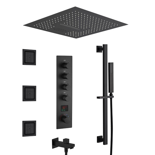 Cascada Luxury 16” Music LED Shower System with Digital Display Valves, 4 Functions (Rainfall, Waterfall, Body jets & Handheld) & Remote App for LED Color Changing shower head with handheld Cascada set system black matte brass nickel square rain showerhead bathroom head full body thermostatic mixer rainfall gold LED Bluetooth speaker hot cold music light jet waterfall ceiling chrome oil rubbed bronze remote app