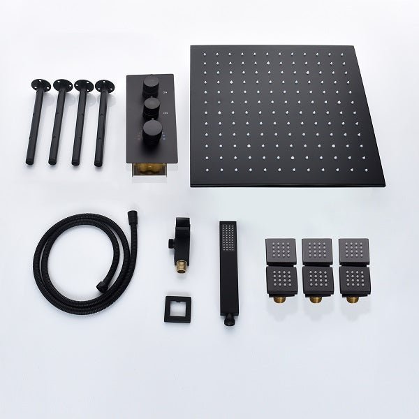 Cascada Luxury 16” Square LED shower system with 3 knobs thermostatic Valve, 4 Adjustable shower arms & 3 functions (Rainfall, Body Jet, & Handshower) (Matt Black) cascada system LED bluetooth shower head speaker hot cold music rain rainfall musical lights showerhead body spray jets waterfall misty ceiling mounted handheld high pressure multicolor holder matte black chrome oil rubbed bronze mixer remote control
