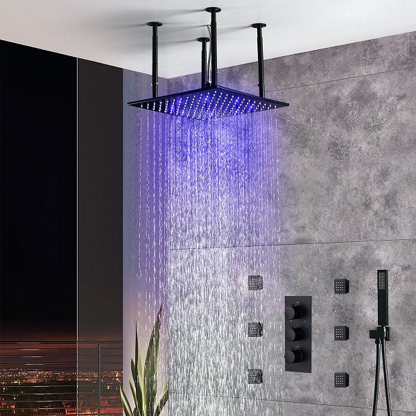 Cascada Luxury 16” Square LED shower system with 3 knobs thermostatic Valve, 4 Adjustable shower arms & 3 functions (Rainfall, Body Jet, & Handshower) (Matt Black) cascada system LED bluetooth shower head speaker hot cold music rain rainfall musical lights showerhead body spray jets waterfall misty ceiling mounted handheld high pressure multicolor holder matte black chrome oil rubbed bronze mixer remote control
