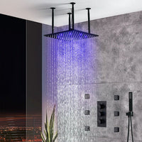 Cascada Luxury 16” Square LED shower system with 3 knobs thermostatic Valve, 4 Adjustable shower arms & 3 functions (Rainfall, Body Jet, & Handshower) (Matt Black) cascada system LED bluetooth shower head speaker hot cold music rain rainfall musical lights showerhead body spray jets waterfall misty ceiling mounted handheld high pressure multicolor holder matte black chrome oil rubbed bronze mixer remote control