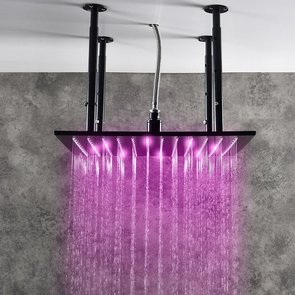 Cascada Luxury 16” Square LED shower system with 3 knobs thermostatic Valve, 4 Adjustable shower arms & 3 functions (Rainfall, Body Jet, & Handshower) (Matt Black) cascada system LED bluetooth shower head speaker hot cold music rain rainfall musical lights showerhead body spray jets waterfall misty ceiling mounted handheld high pressure multicolor holder matte black chrome oil rubbed bronze mixer remote control