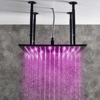 Cascada Luxury 16” Square LED shower system with 3 knobs thermostatic Valve, 4 Adjustable shower arms & 3 functions (Rainfall, Body Jet, & Handshower) (Matt Black) cascada system LED bluetooth shower head speaker hot cold music rain rainfall musical lights showerhead body spray jets waterfall misty ceiling mounted handheld high pressure multicolor holder matte black chrome oil rubbed bronze mixer remote control
