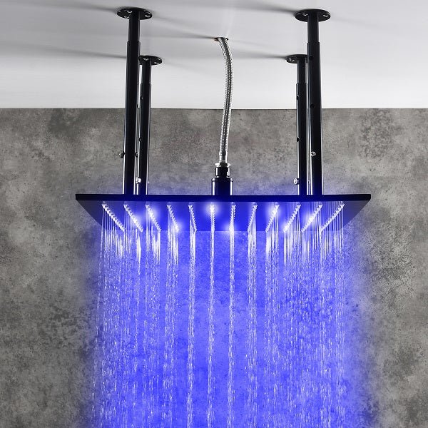 Cascada Luxury 16” Square LED shower system with 3 knobs thermostatic Valve, 4 Adjustable shower arms & 3 functions (Rainfall, Body Jet, & Handshower) (Matt Black) cascada system LED bluetooth shower head speaker hot cold music rain rainfall musical lights showerhead body spray jets waterfall misty ceiling mounted handheld high pressure multicolor holder matte black chrome oil rubbed bronze mixer remote control