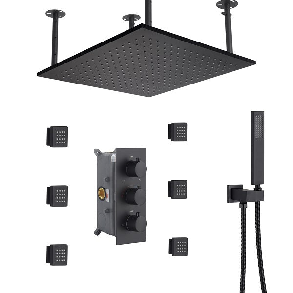 Cascada Luxury 16” Square LED shower system with 3 knobs thermostatic Valve, 4 Adjustable shower arms & 3 functions (Rainfall, Body Jet, & Handshower) (Matt Black) cascada system LED bluetooth shower head speaker hot cold music rain rainfall musical lights showerhead body spray jets waterfall misty ceiling mounted handheld high pressure multicolor holder matte black chrome oil rubbed bronze mixer remote control