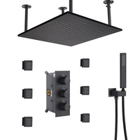Cascada Luxury 16” Square LED shower system with 3 knobs thermostatic Valve, 4 Adjustable shower arms & 3 functions (Rainfall, Body Jet, & Handshower) (Matt Black) cascada system LED bluetooth shower head speaker hot cold music rain rainfall musical lights showerhead body spray jets waterfall misty ceiling mounted handheld high pressure multicolor holder matte black chrome oil rubbed bronze mixer remote control