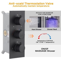 Cascada Luxury 16” Square LED shower system with 3 knobs thermostatic Valve, 4 Adjustable shower arms & 3 functions (Rainfall, Body Jet, & Handshower) (Matt Black) cascada system LED bluetooth shower head speaker hot cold music rain rainfall musical lights showerhead body spray jets waterfall misty ceiling mounted handheld high pressure multicolor holder matte black chrome oil rubbed bronze mixer remote control
