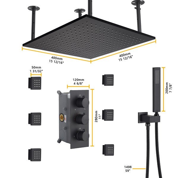 Cascada Luxury 16” Square LED shower system with 3 knobs thermostatic Valve, 4 Adjustable shower arms & 3 functions (Rainfall, Body Jet, & Handshower) (Matt Black) cascada system LED bluetooth shower head speaker hot cold music rain rainfall musical lights showerhead body spray jets waterfall misty ceiling mounted handheld high pressure multicolor holder matte black chrome oil rubbed bronze mixer remote control
