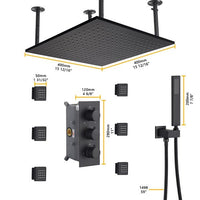 Cascada Luxury 16” Square LED shower system with 3 knobs thermostatic Valve, 4 Adjustable shower arms & 3 functions (Rainfall, Body Jet, & Handshower) (Matt Black) cascada system LED bluetooth shower head speaker hot cold music rain rainfall musical lights showerhead body spray jets waterfall misty ceiling mounted handheld high pressure multicolor holder matte black chrome oil rubbed bronze mixer remote control