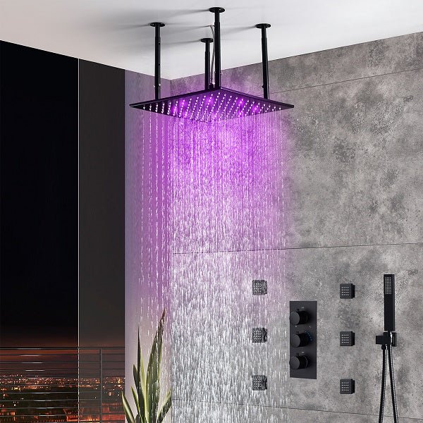 Cascada Luxury 16” Square LED shower system with 3 knobs thermostatic Valve, 4 Adjustable shower arms & 3 functions (Rainfall, Body Jet, & Handshower) (Matt Black) cascada system LED bluetooth shower head speaker hot cold music rain rainfall musical lights showerhead body spray jets waterfall misty ceiling mounted handheld high pressure multicolor holder matte black chrome oil rubbed bronze mixer remote control