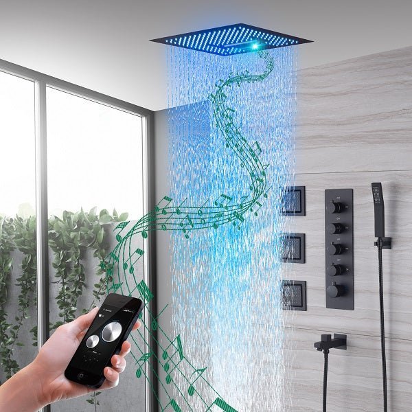 Cascada Luxury 16” Square LED Music shower system with built-in Bluetooth Speakers, 4 functions (Rainfall, Waterfall, Body jet & Handshower) & Remote Control 64 Color Lights cascada system LED bluetooth shower head speaker hot cold music rain rainfall musical lights showerhead body spray jets waterfall misty ceiling mounted handheld high pressure multicolor holder matte black chrome oil rubbed bronze mixer remote control