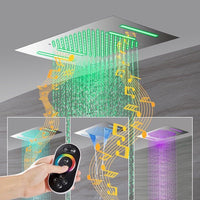 Cascada Luxury 15”x23” Music LED shower system with built-in Bluetooth Speakers, 4 function (Rainfall, Waterfall, Body Jet & Handshower) with Remote Control 64 Color Lights cascada system LED bluetooth shower head speaker hot cold music rain rainfall musical lights showerhead body spray jets waterfall misty ceiling mounted handheld high pressure multicolor holder matte black chrome oil rubbed bronze mixer remote control