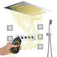 Cascada Luxury 15”x23” Music LED shower system with built-in Bluetooth Speakers, 4 function (Rainfall, Waterfall, Body Jet & Handshower) with Remote Control 64 Color Lights cascada system LED bluetooth shower head speaker hot cold music rain rainfall musical lights showerhead body spray jets waterfall misty ceiling mounted handheld high pressure multicolor holder matte black chrome oil rubbed bronze mixer remote control