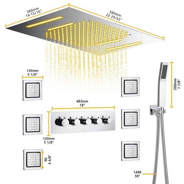 Cascada Luxury 15”x23” Music LED shower system with built-in Bluetooth Speakers, 4 function (Rainfall, Waterfall, Body Jet & Handshower) with Remote Control 64 Color Lights cascada system LED bluetooth shower head speaker hot cold music rain rainfall musical lights showerhead body spray jets waterfall misty ceiling mounted handheld high pressure multicolor holder matte black chrome oil rubbed bronze mixer remote control