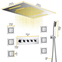 Cascada Luxury 15”x23” Music LED shower system with built-in Bluetooth Speakers, 4 function (Rainfall, Waterfall, Body Jet & Handshower) with Remote Control 64 Color Lights cascada system LED bluetooth shower head speaker hot cold music rain rainfall musical lights showerhead body spray jets waterfall misty ceiling mounted handheld high pressure multicolor holder matte black chrome oil rubbed bronze mixer remote control