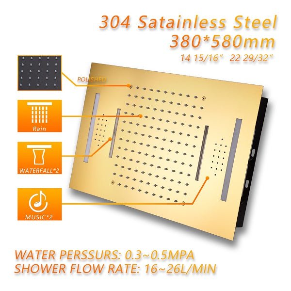 Cascada Luxury 15” x 23” LED Music shower system with built-in Bluetooth Speakers, 4 functions (Rainfall, Waterfall, Body jet & Handshower) & Remote Control 64 Color Lights cascada system LED bluetooth shower head speaker hot cold music rain rainfall musical lights showerhead body spray jets waterfall misty ceiling mounted handheld high pressure multicolor holder matte black chrome oil rubbed bronze mixer remote control