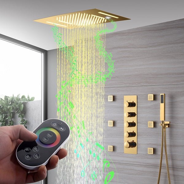 Cascada Luxury 15” x 23” LED Music shower system with built-in Bluetooth Speakers, 4 functions (Rainfall, Waterfall, Body jet & Handshower) & Remote Control 64 Color Lights cascada system LED bluetooth shower head speaker hot cold music rain rainfall musical lights showerhead body spray jets waterfall misty ceiling mounted handheld high pressure multicolor holder matte black chrome oil rubbed bronze mixer remote control