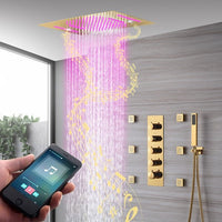 Cascada Luxury 15” x 23” LED Music shower system with built-in Bluetooth Speakers, 4 functions (Rainfall, Waterfall, Body jet & Handshower) & Remote Control 64 Color Lights cascada system LED bluetooth shower head speaker hot cold music rain rainfall musical lights showerhead body spray jets waterfall misty ceiling mounted handheld high pressure multicolor holder matte black chrome oil rubbed bronze mixer remote control