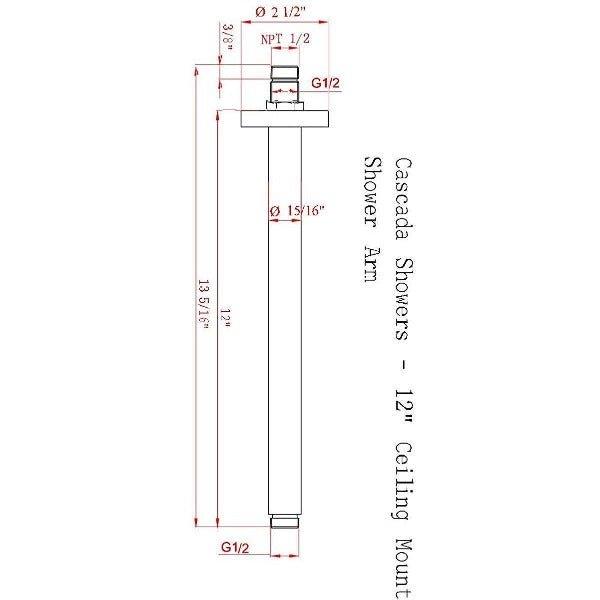 Stainless Steel 10" Ceiling Mount Shower Arm 1/2" NPT Thread - Cascada Showers